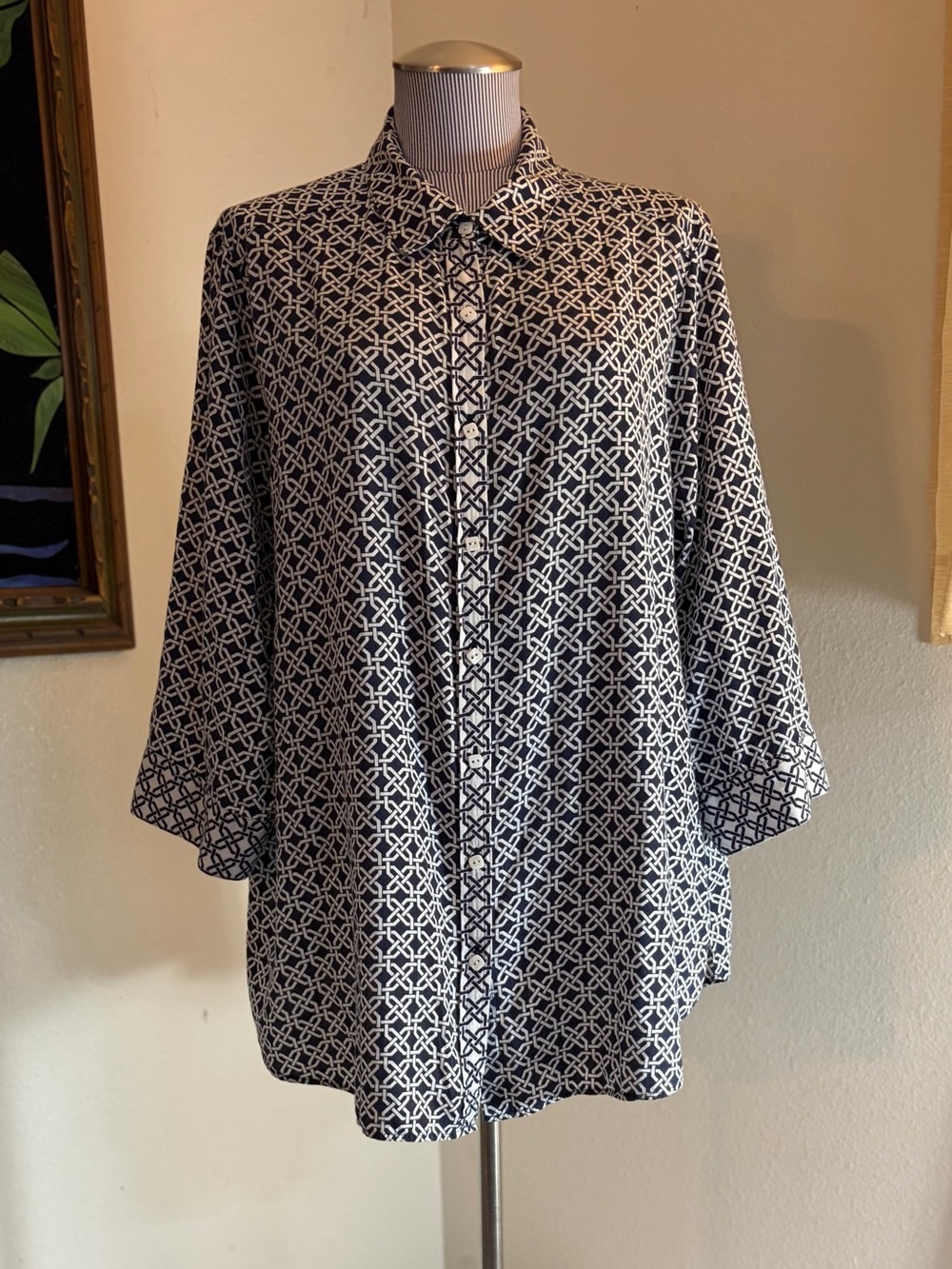 Foxcroft Navy and White Geometric Button-Down Shirt